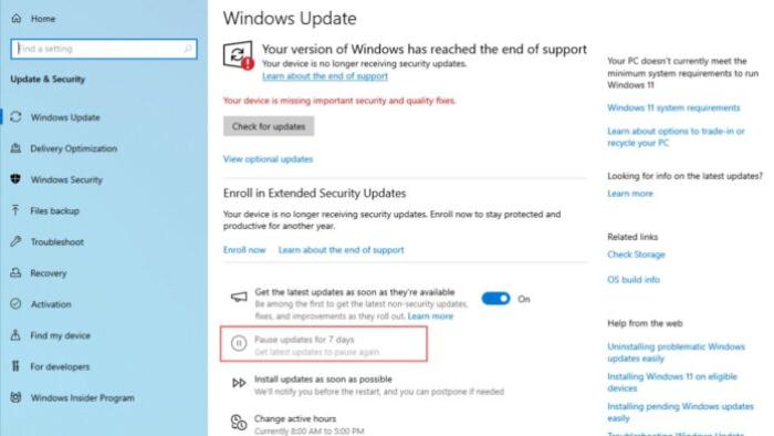 Windows 10 PCs can’t pause updates unless enrolled in the ESU program Windows 10 PCs can’t pause updates unless enrolled in the ESU program