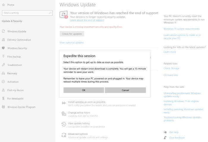 點擊盡快安裝更新后的彈窗