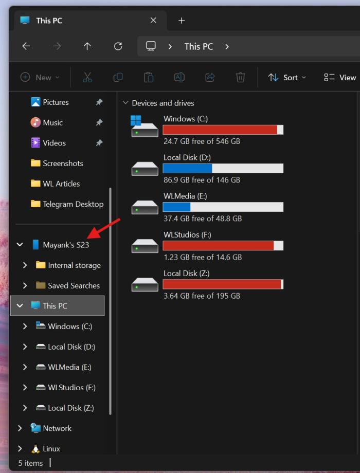 文件資源管理器側(cè)邊欄中的移動設(shè)備